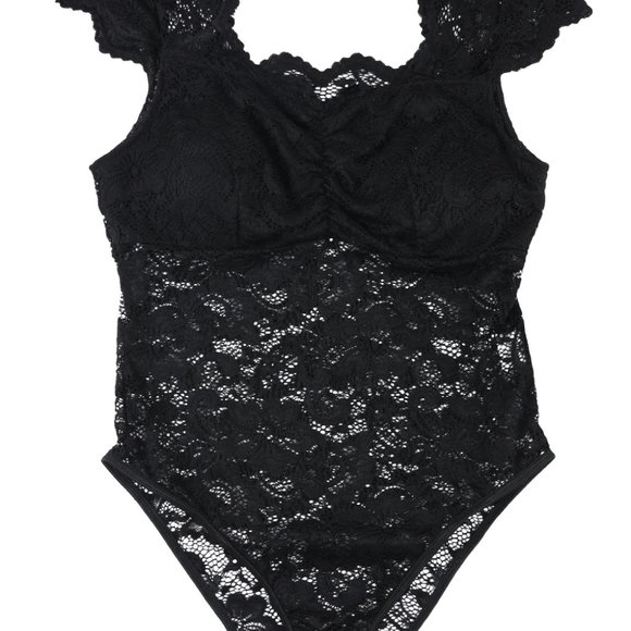 Black Floral Lace Scalloped Square Neck Bodysuit - Picture 10 of 11